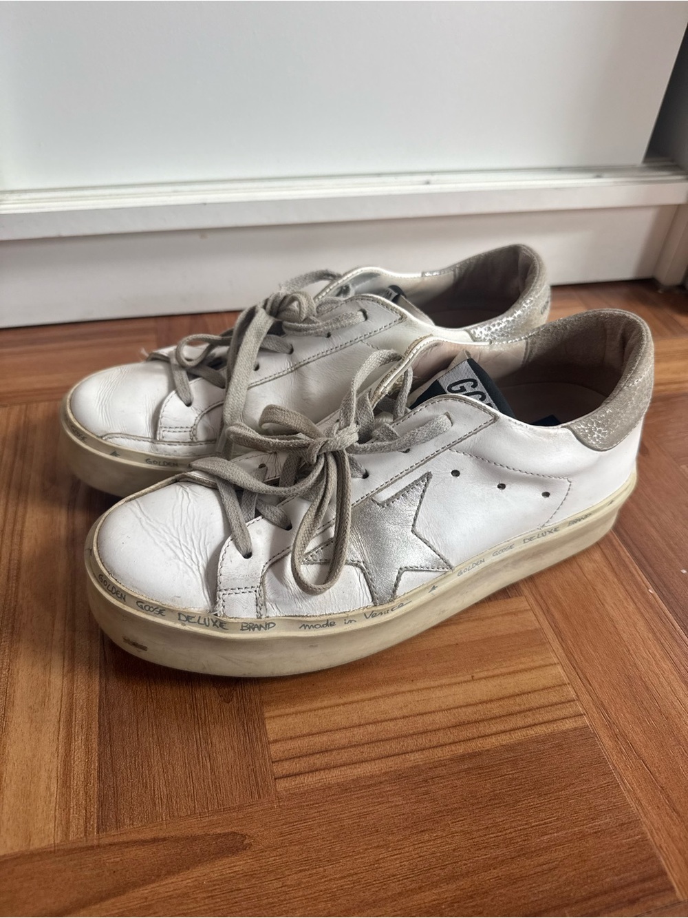 Golden Goose White Leather Platform Sneakers with Silver Star